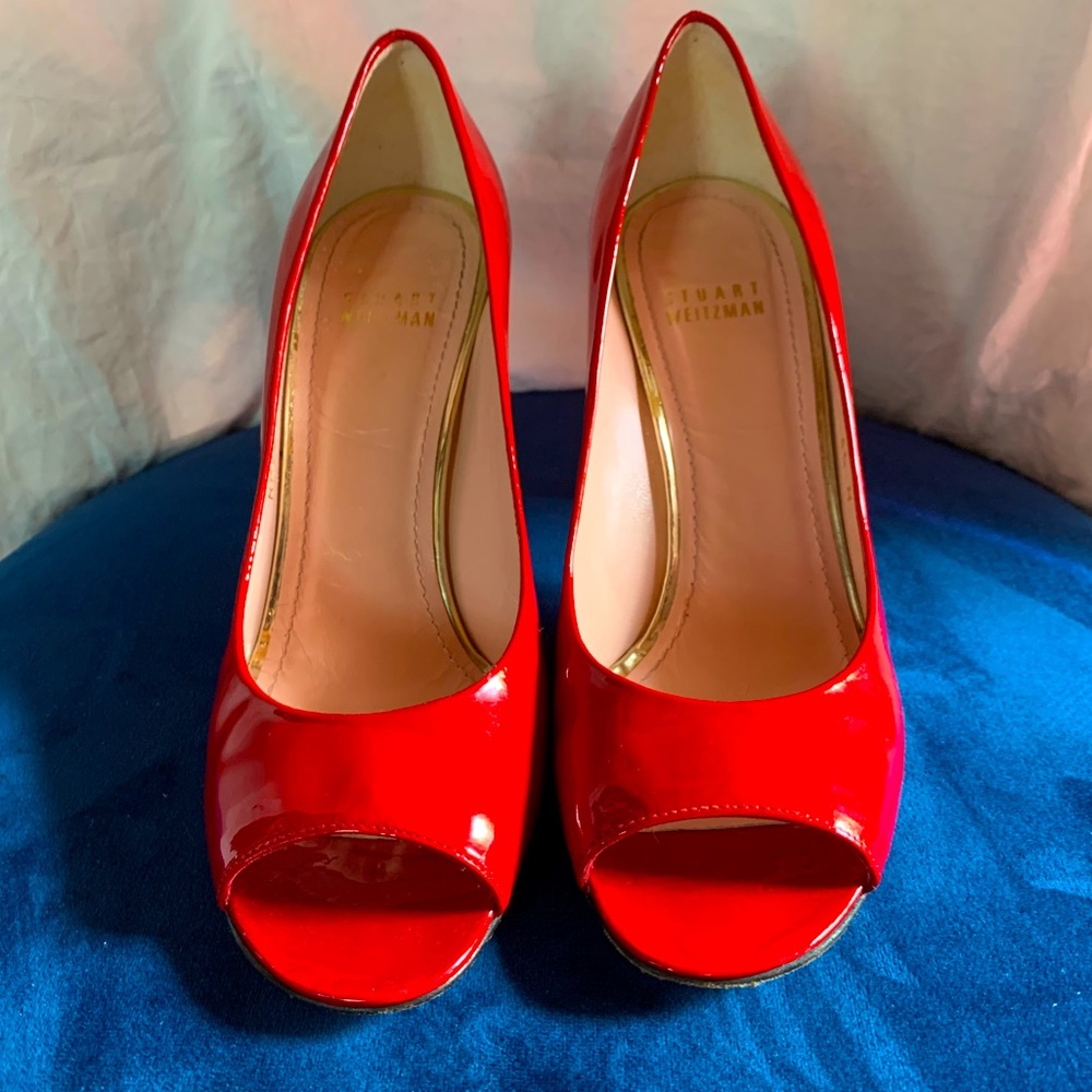 Stuart Weitzman Candy Apple Red Peep Toe High Heel pumps